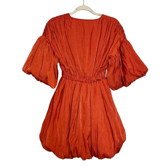 NWT PRETTYLITTLETHING Rust Puff Sleeve Puffball Hem Shift Dress. Size 0 - Picture 6 of 11
